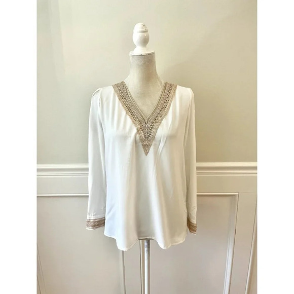 Shein White Embellished V Neck Blouse Top XS - Picture 2 of 5